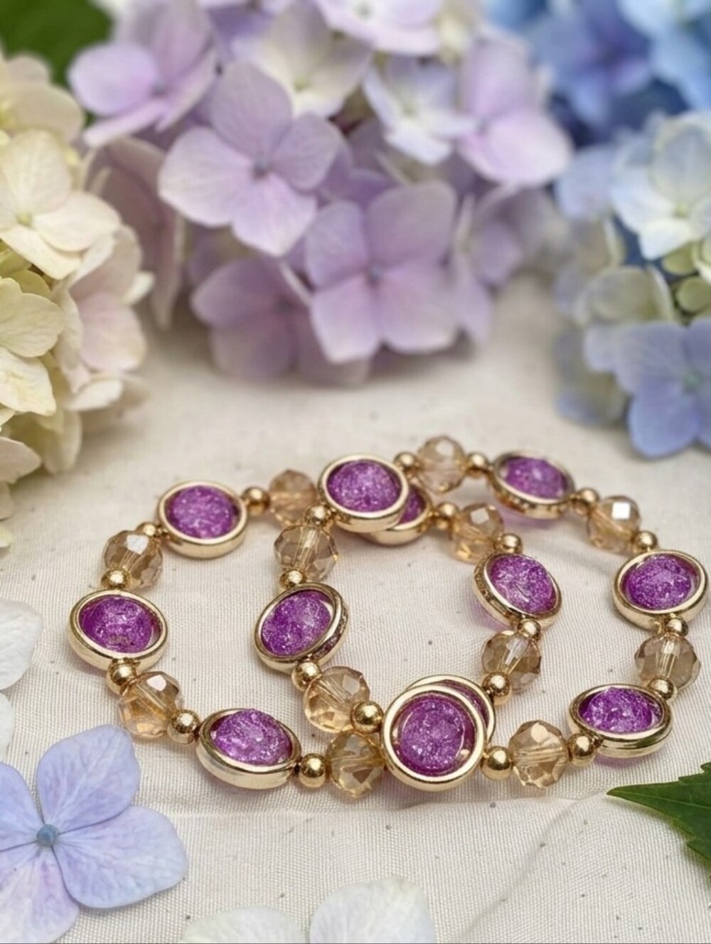 Glass Beaded & Gold-Tone Stretch Bracelets Set of 2